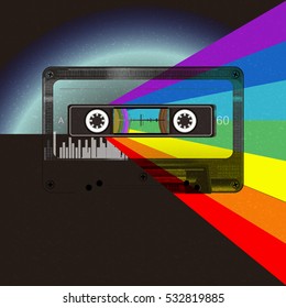 80s Retro Sci-Fi Background. Musical futuristic background, audio cassette on planet earth, rainbow, retro music vector cover 