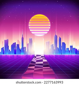 80s Retro Sci-Fi Background with Night City Skyline. Vector futuristic synth retro wave illustration in 1980s posters style. Suitable for any print design in 80s style