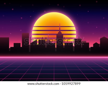 80 S Retro Sci Fi Background Night City Stock Vector Royalty Free