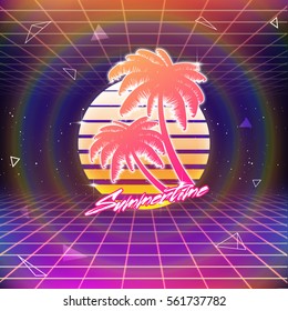 80s Retro Sci-Fi Background with Palms and Sun. Vector futuristic synth retro wave illustration in 1980s posters style. Suitable for any print design in 80s style.