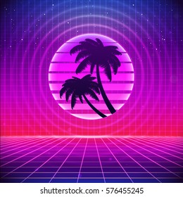 80s Retro Sci-Fi Background with Palms. Vector futuristic synth retro wave illustration in 1980s posters style. Suitable for any print design in 80s style.