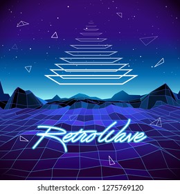 80s Retro Sci-Fi Background with Pyramid and Mountains. Vector f