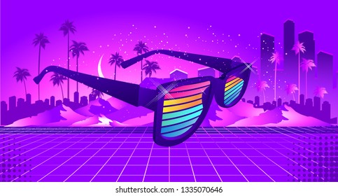 80s Retro Sci-Fi Background in the style of the 1980s posters. against the backdrop of a tropical landscape and the silhouette of a neon futuristic city