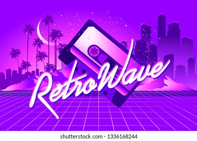 80s Retro Sci-Fi Background in the style of the 1980s posters. Old cassette tape, against the backdrop of a tropical landscape and the silhouette of a neon futuristic city