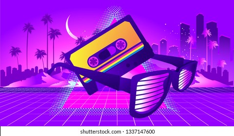 80s Retro Sci-Fi Background in the style of the 1980s posters. against the backdrop of a tropical landscape and the silhouette of a neon futuristic city