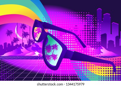 80s Retro Sci-Fi Background in the style of the 1980s posters. against the backdrop of a tropical landscape and the silhouette of a neon futuristic city
