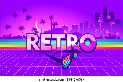 80s Retro Sci-Fi Background in the style of the 1980s posters. against the backdrop of a tropical landscape and the silhouette of a neon futuristic city