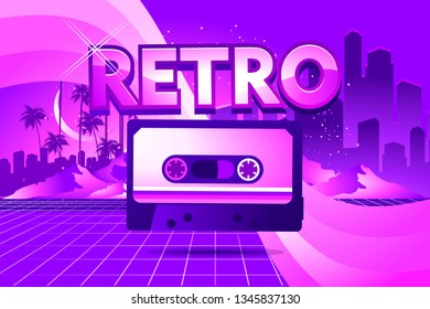 80s Retro Sci-Fi Background in the style of the 1980s posters. Old cassette tape, against the backdrop of a tropical landscape and the silhouette of a neon futuristic city
