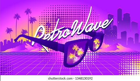80s Retro Sci-Fi Background in the style of the 1980s posters. against the backdrop of a tropical landscape and the silhouette of a neon futuristic city