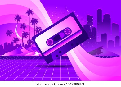 80s Retro Sci-Fi Background in the style of the 1980s posters. Old cassette tape, against the backdrop of a tropical landscape and the silhouette of a neon futuristic city