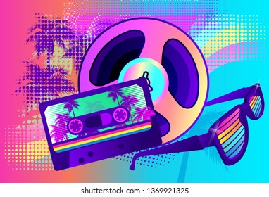 80s Retro Sci-Fi Background in the style of the 1980s posters. against the backdrop of a tropical landscape and the silhouette of a neon futuristic city
