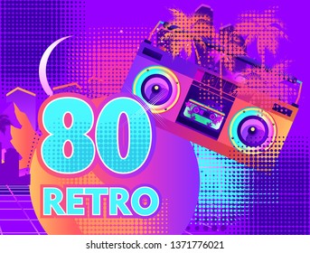 80s Retro Sci-Fi Background in the style of the 1980s posters. against the backdrop of a tropical landscape and the silhouette of a neon futuristic city