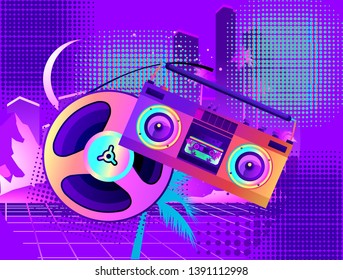 80s Retro Sci-Fi Background in the style of the 1980s posters. against the backdrop of a tropical landscape and the silhouette of a neon futuristic city