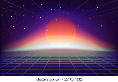 80s Retro Sci-Fi Background with sun. Vector futuristic synth retro wave illustration in 1980s posters style.