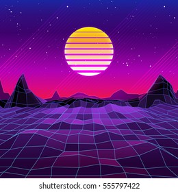 80s Retro Sci-Fi Background with Sun and Mountains. Vector futuristic synth retro wave illustration in 1980s posters style. Suitable for any print design in 80s style.