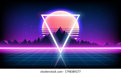 80s Retro Sci-Fi Background with Sunrise or Sunset night sky with stars, mountains landscape infinite horizon mesh in neon game style. Futuristic synth retrowave illustration in 1980s posters style