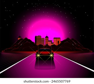 80s retro Sci-Fi background with sunrise or sunset. Futuristic vector synth illustration, retro waves in 1980s poster style. Suitable for all types of 80s print designs.