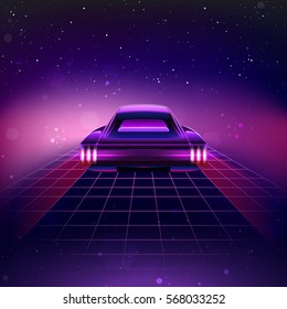 80s Retro Sci-Fi Background with Supercar. Vector retro futuristic synth retro wave illustration in 1980s posters style. Suitable for any print design in 80s style.