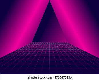 80s retro sci-fi background with triangle and grid. Virtual reality. Synthwave and retrowave style. Vector illustration