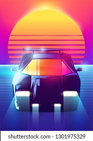 80s Retro Sci-Fi Background. Vector retro futuristic synth retro wave illustration in 1980s posters style. Suitable for any print design in 80s style. - Vector illustration