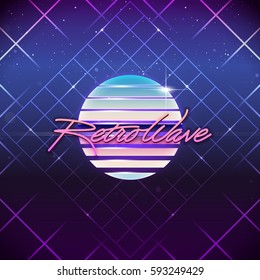 80s Retro Sci-Fi Background. Vector futuristic synth retro wave illustration in 1980s posters style.