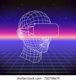 80s Retro Sci-Fi Background with VR Headset. Vector futuristic synth retro wave illustration in 1980s posters style. Suitable for any print design in 80s style