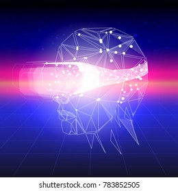 80s Retro Sci-Fi Background with VR Headset. Vector futuristic synth retro wave illustration in 1980s posters style. Suitable for any print design in 80s style