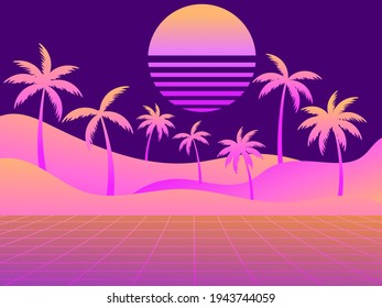 80s retro sci-fi landscape with palm trees. Retro futuristic sun. Synthwave retro background. Retrowave minimalistic style. Vector illustration