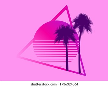 80s retro sci-fi palm trees on a sunset. Retro futuristic sun with palm trees. Summer time. Synthwave and retrowave style. Vector illustration