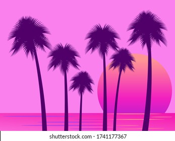 80s retro sci-fi palm trees on a sunset. Retro futuristic sun with palm trees. Summer time. Synthwave and retrowave style. Vector illustration