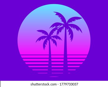 80s Retro Sci-fi Palm Trees On A Sunset. Retro Futuristic Sun With Palm Trees. Summer Time. Synthwave And Retrowave Style. Vector Illustration