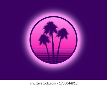 80s retro sci-fi palm trees on a sunset. Retro futuristic sun with palm trees. Summer time. Synthwave and retrowave style. Vector illustration