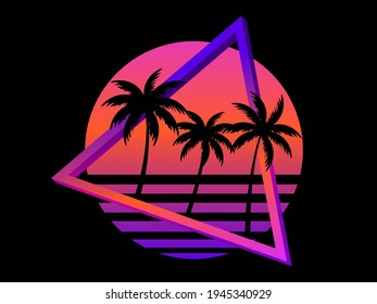 80s retro sci-fi palm trees on a sunset. Retro futuristic sun with palm trees. Synthwave and retrowave style. Design for advertising brochures, banners, posters, travel agencies. Vector illustration