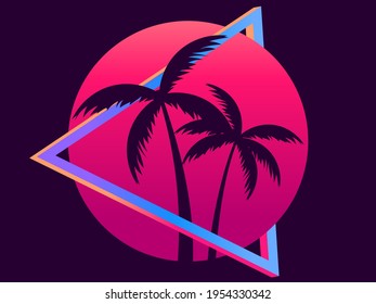 80s retro sci-fi palm trees on a sunset. Retro futuristic sun with palm trees. Synthwave and retrowave style. Design for advertising brochures, banners, posters, travel agencies. Vector illustration