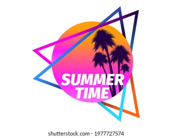 80s retro sci-fi palm trees on a sunset isolated on white background. Retro futuristic sun with palm trees. Summer time. Synthwave and retrowave style logo. Vector illustration