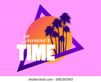 80s retro sci-fi palm trees on a sunset. Retro futuristic sun with palm trees. Synthwave and retrowave style. Design for advertising brochures, banners, posters, travel agencies. Vector illustration