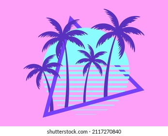 80s retro sci-fi palm trees on a sunset. Retro futuristic sun with palm trees. Summer time. Synthwave and retrowave style. Design for advertising brochures, banners and posters. Vector illustration