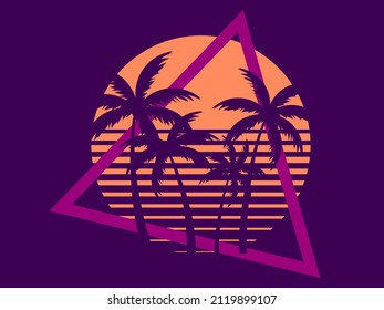 80s retro sci-fi palm trees on a sunset. Retro futuristic sun with palm trees. Summer time. Synthwave and retrowave style. Design for advertising brochures, banners and posters. Vector illustration