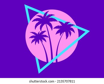 80s retro sci-fi palm trees on a sunset. Retro futuristic sun with palm trees. Summer time. Synthwave and retrowave style. Design for advertising brochures, banners and posters. Vector illustration