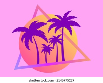 80s retro sci-fi palm trees on a sunset. Retro futuristic sun with palm trees. Summer time. Synthwave and retrowave style. Design for advertising brochures, banners and posters. Vector illustration