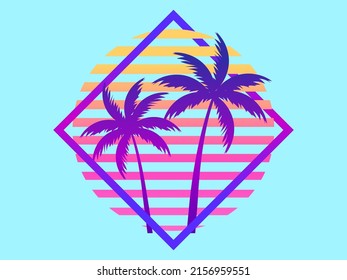 80s retro sci  fi palm trees sunset  Retro futuristic sun and palm trees  Summer time  Synthwave   retrowave style  Vector illustration