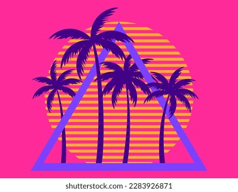 80s retro sci-fi palm trees on a sunset. Retro futuristic sun with palm trees in a triangular frame. Synthwave style. Design for advertising brochures, banners and posters. Vector illustration