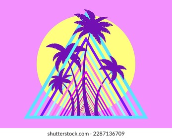 80s retro sci-fi palm trees on a sunset. Retro futuristic sun with palm trees in a triangular frame. Synthwave style. Design for advertising brochures, banners and posters. Vector illustration