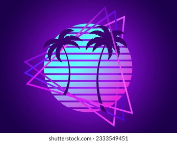 80s retro sci-fi palm trees on a sunset in triangular frame. Retro futuristic sun with palm trees. Synthwave and retrowave style. Design for advertising banners and posters. Vector illustration