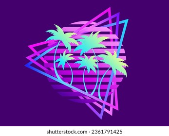 80s retro sci-fi palm trees on a sunset in triangular frame. Retro futuristic sun with palm trees. Synthwave and retrowave style. Design for advertising banners and posters. Vector illustration