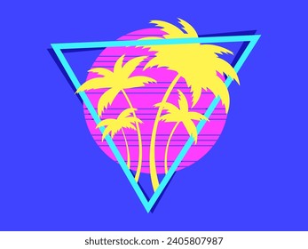 80s retro sci-fi palm trees on a sunset in triangular frame. Retro futuristic sun with palm trees. Synthwave and retrowave style. Design for advertising banners and posters. Vector illustration