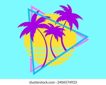 80s retro sci-fi palm trees on a sunset in triangular frame. Retro futuristic sun with palm trees. Synthwave and retrowave style. Design for advertising banners and posters. Vector illustration