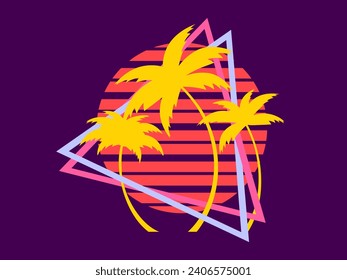 80s retro sci-fi palm trees on a sunset in triangular frame. Retro futuristic sun with palm trees. Synthwave and retrowave style. Design for advertising banners and posters. Vector illustration