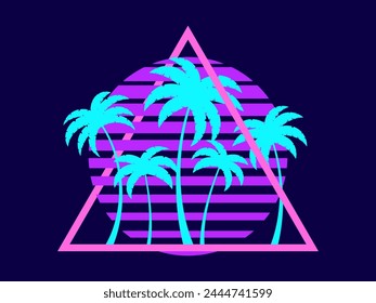 80s retro sci-fi palm trees on a sunset. Retro futuristic sun with palm trees in a triangular frame. Synthwave style. Design for advertising brochures, banners and posters. Vector illustration
