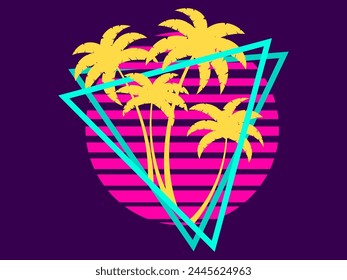 80s retro sci-fi palm trees on a sunset in triangular frame. Retro futuristic sun with palm trees. Synthwave and retrowave style. Design for advertising banners and posters. Vector illustration